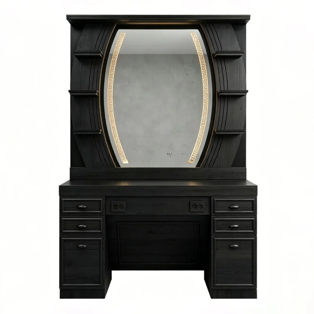 Classic Black Wood Barber Styling Station with LED Mirror