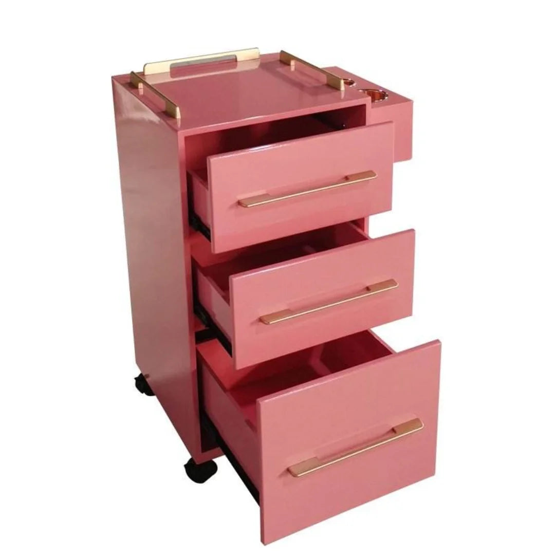 Pink Rolling Salon Storage Cabinet with Gold Bar Handles