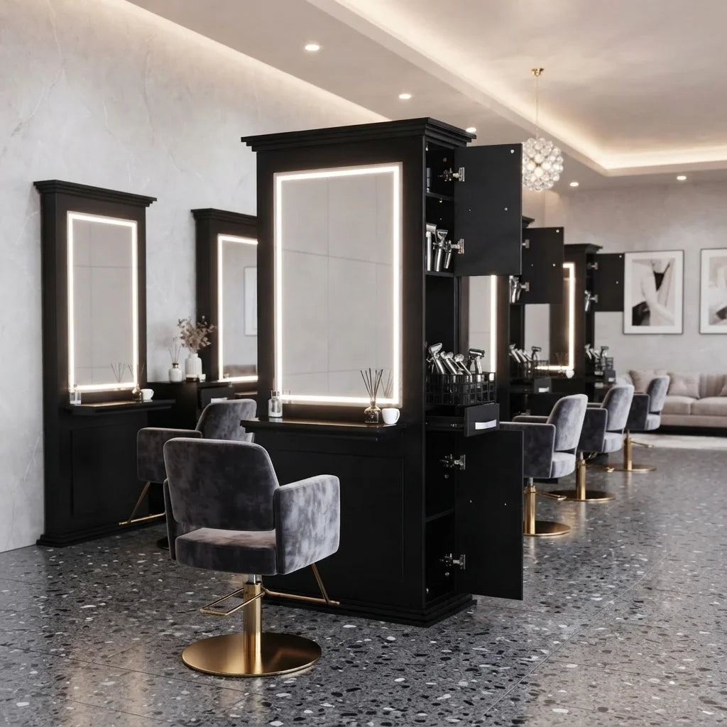 Black Barber Mirror Station with Built-In Cabinetry