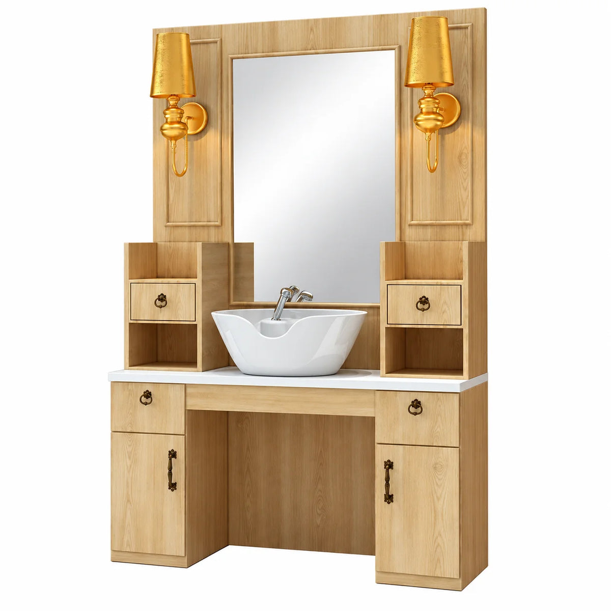 Wooden Art Barber Mirror Station with Storage Cabinets, Lamps & Basin