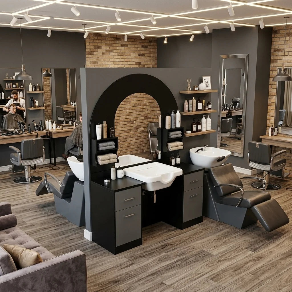 Arched Salon Shampoo Cabinet with Mirror and Basin
