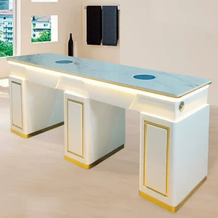 Luxury White Manicure Table with Gold Accents & Lighting