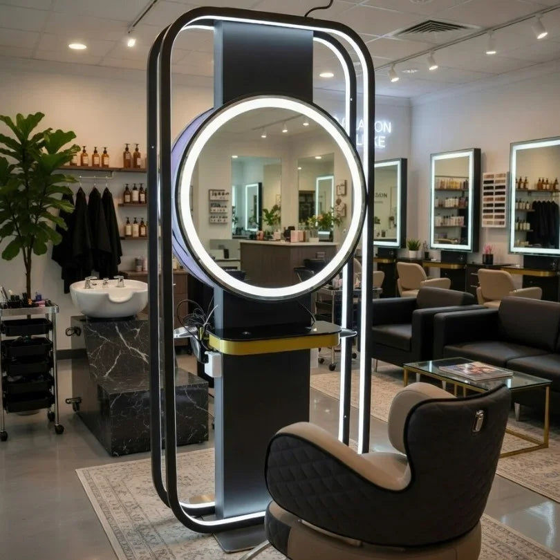 Modern Circular LED Barber Styling Mirror Station