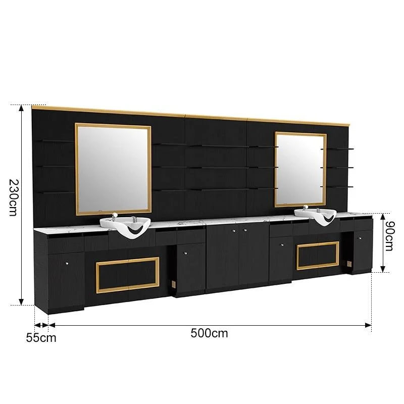 High-End Black Theme Barber Workstation with Mirror, Shelves and Cabinets