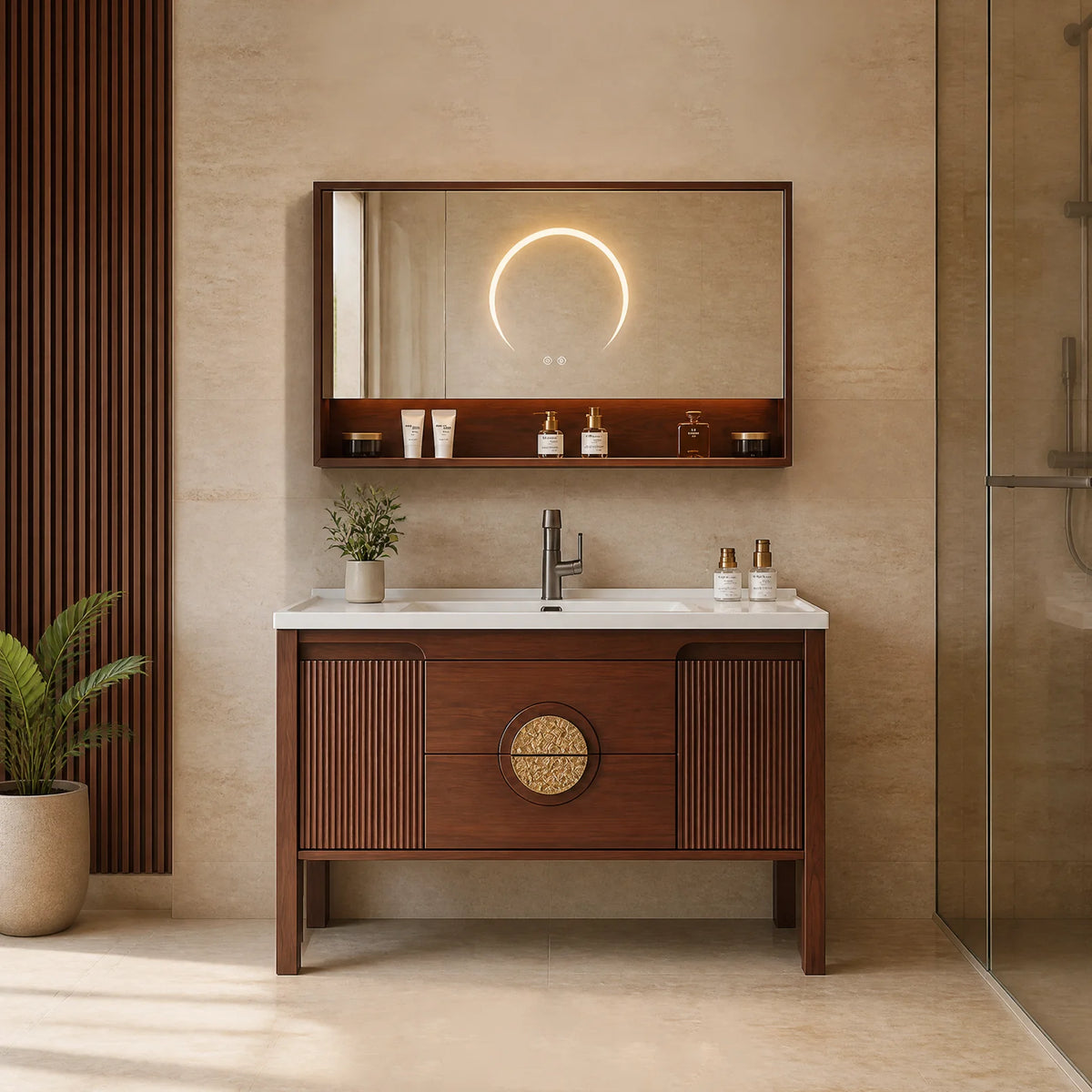 Luxury Walnut Spa Vanity Cabinet with illuminated LED medicine cabinet, white countertop sink, and gold hardware accents.