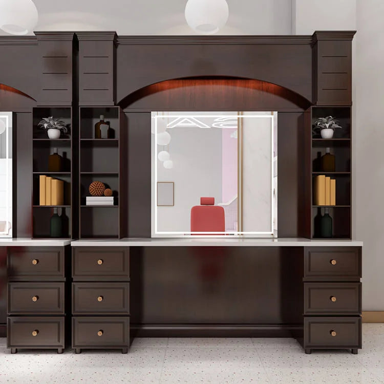 High-End Wooden Barber Workstation with Integrated Storage