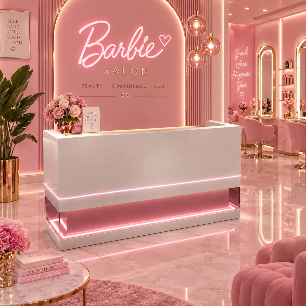Modern Beauty Salon Reception Counter with Integrated LED Lighting