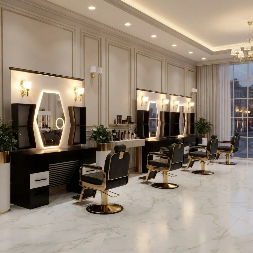 Custom Barber Styling Station with Mirror, Storage & Wash Basin Options