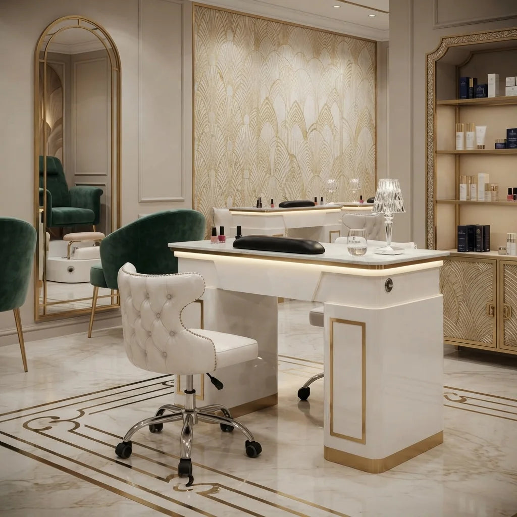 Luxury White Manicure Table with Gold Accents & Lighting