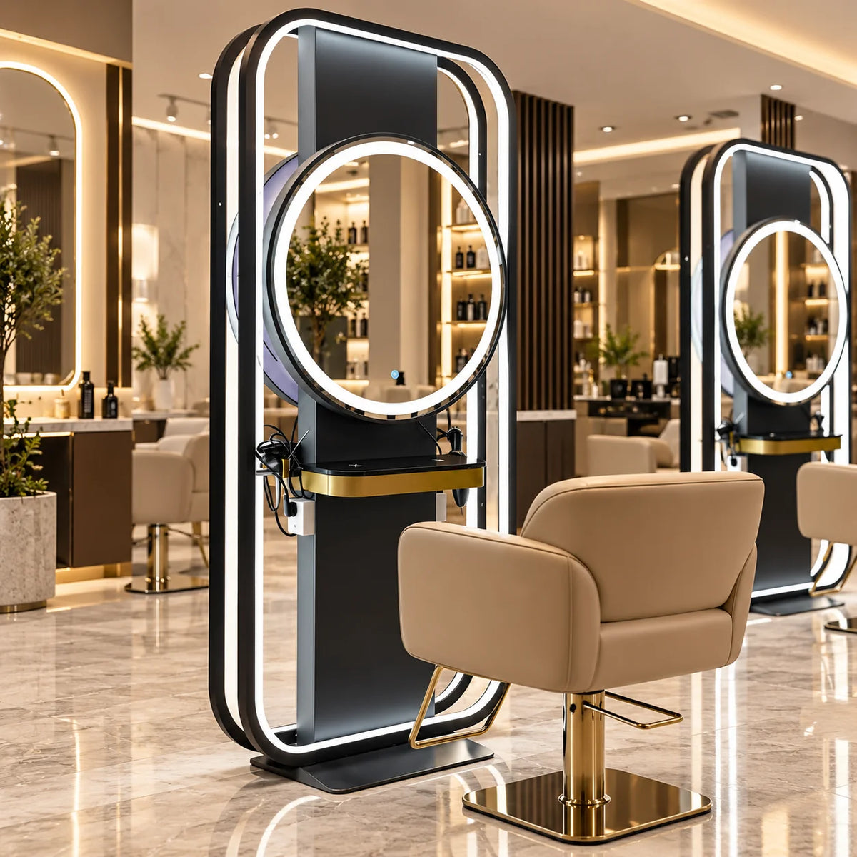 Modern Circular LED Barber Styling Mirror Station