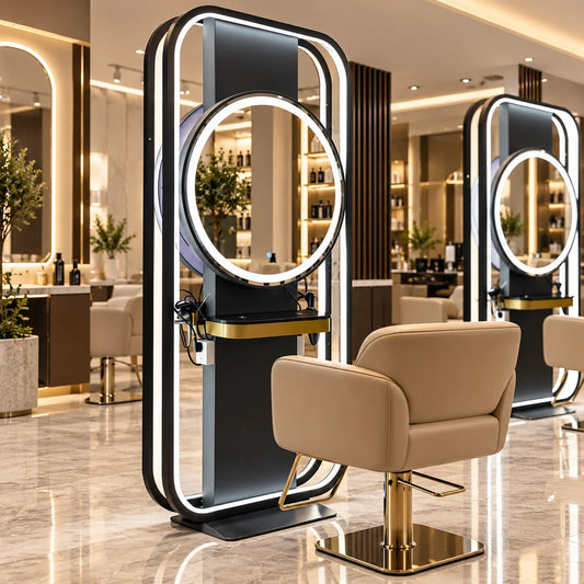 Modern Circular LED Barber Styling Mirror Station