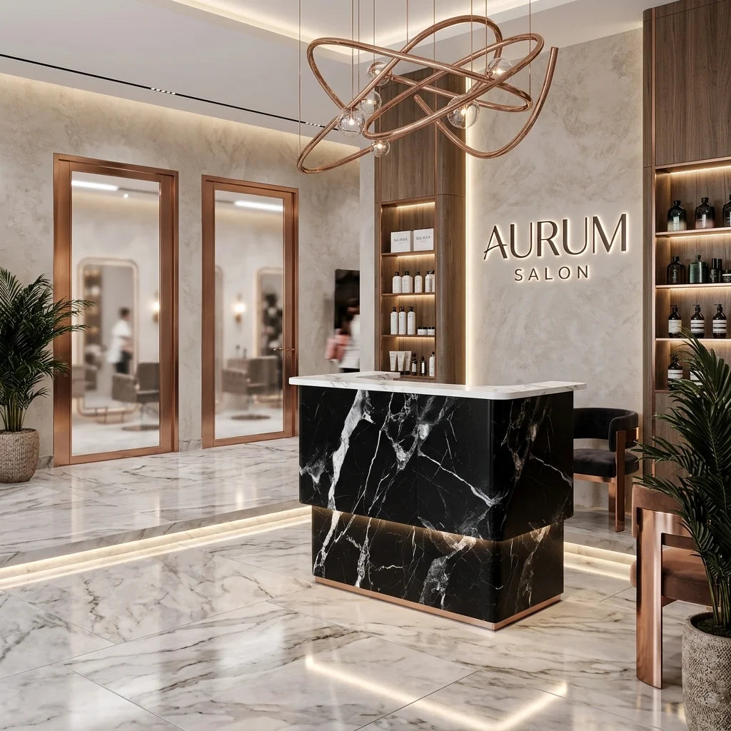 Charming Black & White Marble-Look Salon Reception Desk