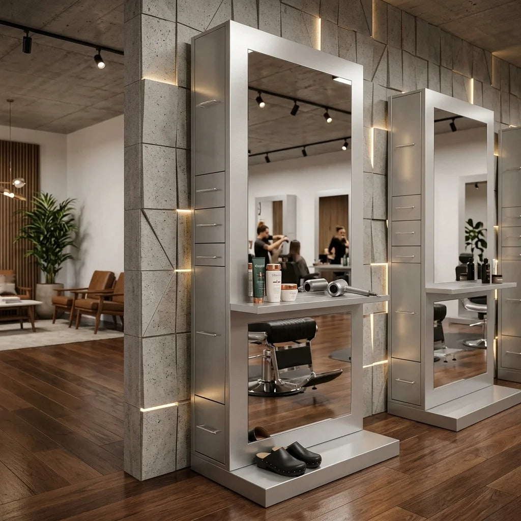 High-End Barber Mirror Station with Built-In Cabinetry