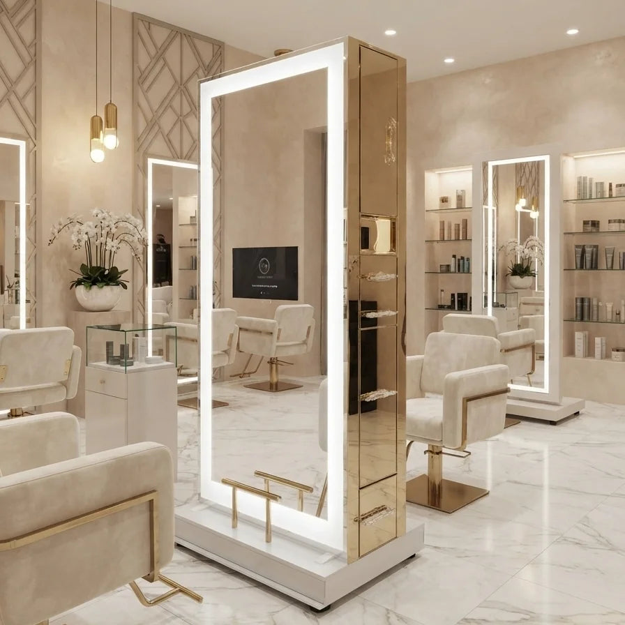 Full-Length Barber LED Mirror with Integrated TV & Storage