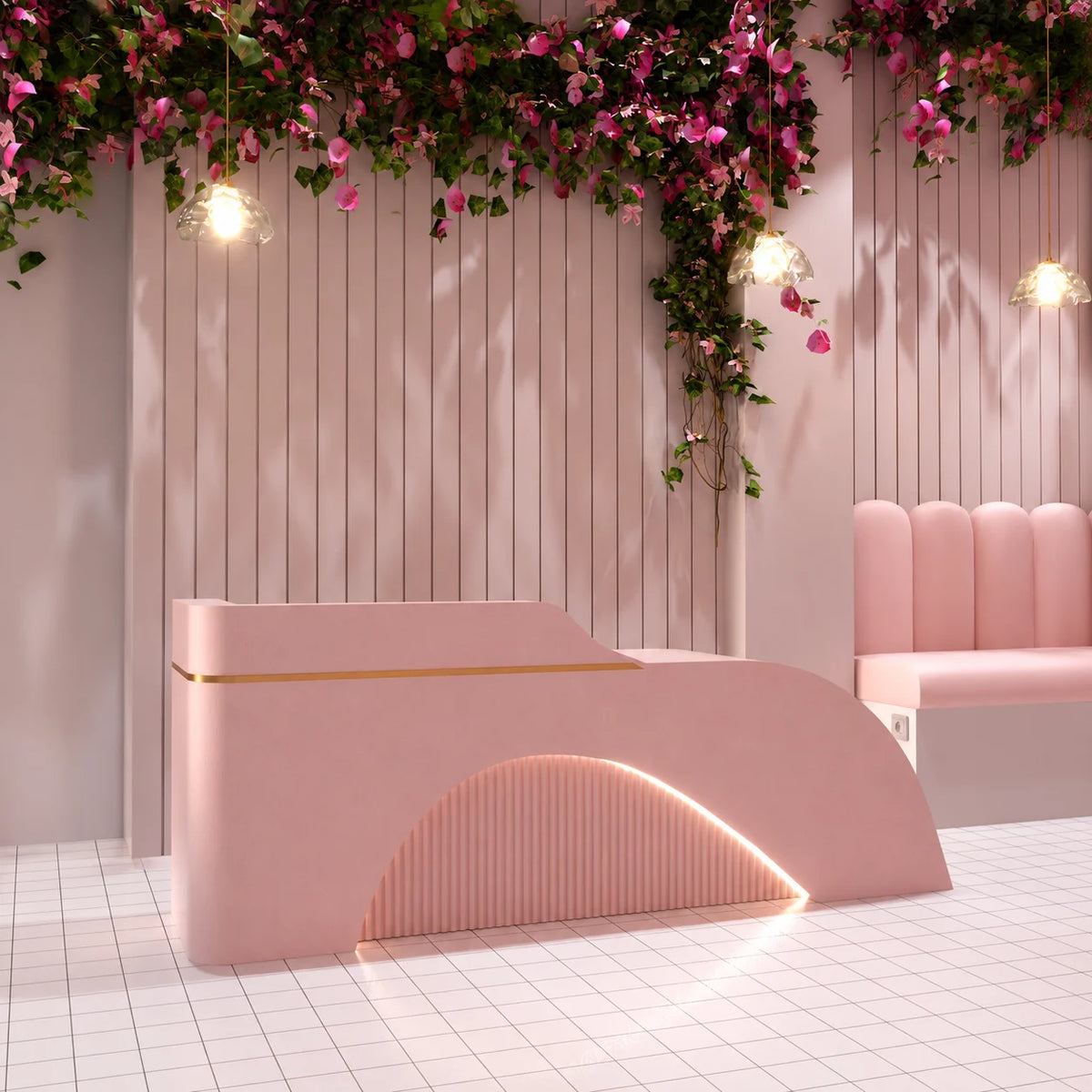 Pink Curved Salon Reception Desk with Illuminated Front