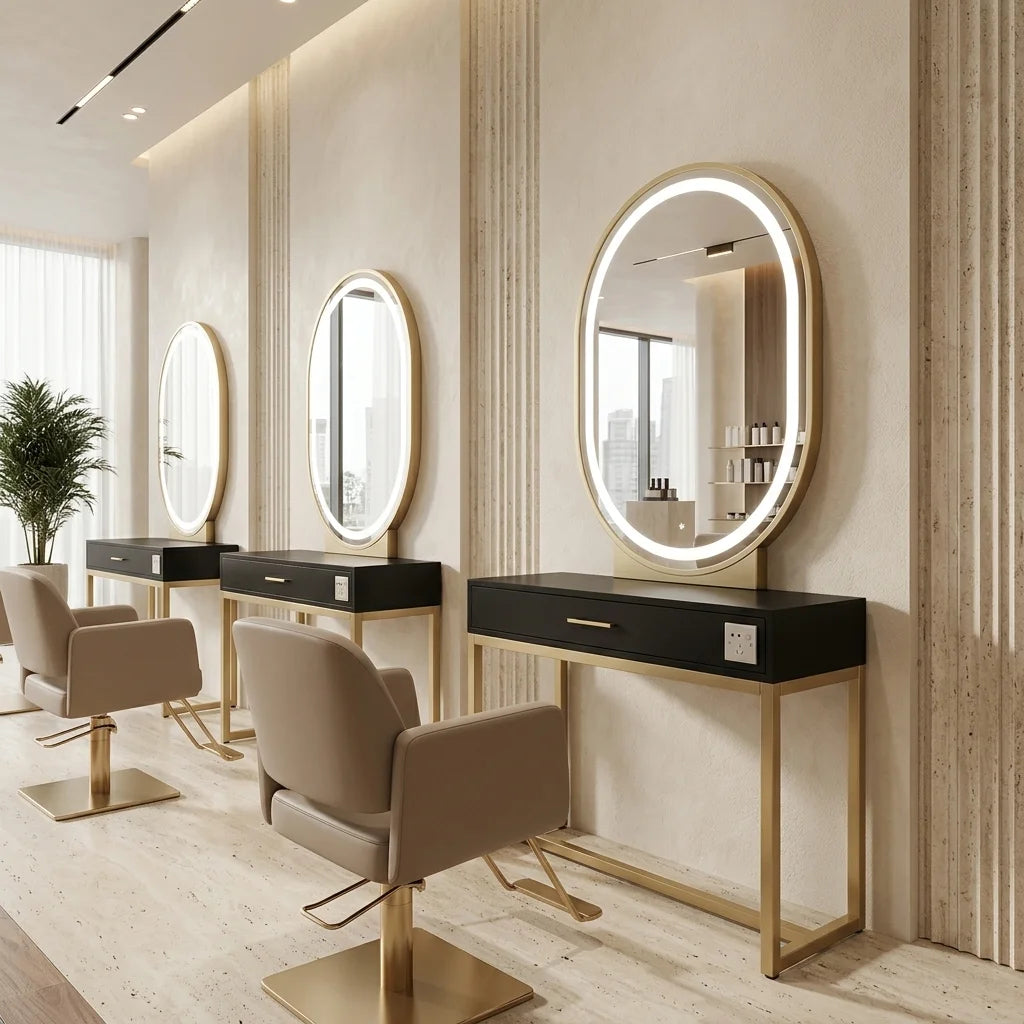 Gold & Black Oval LED Barber Mirror Station