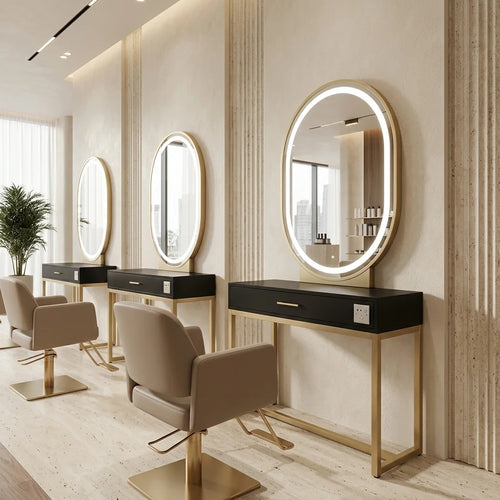 Gold & Black Oval LED Barber Mirror Station