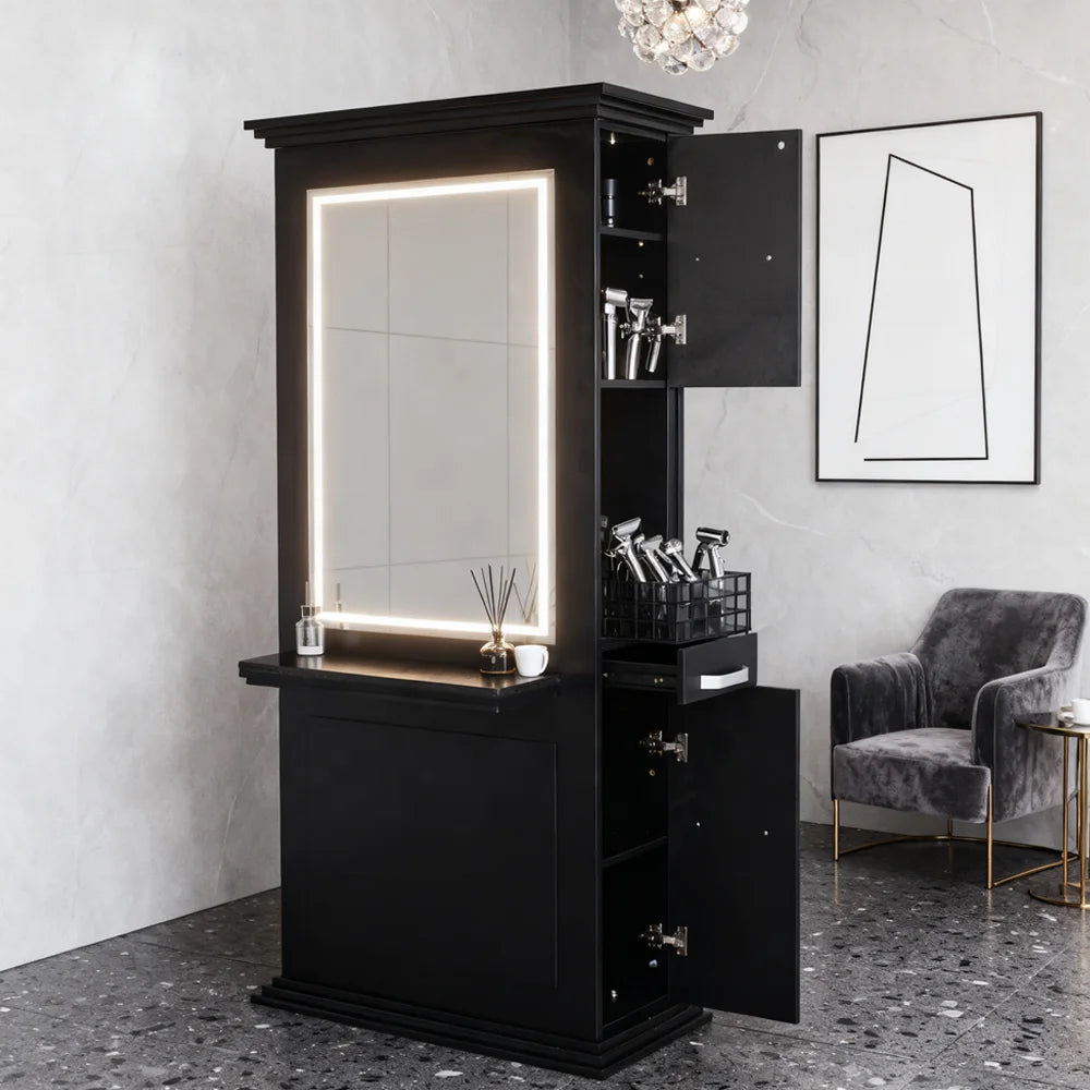 Black Barber Mirror Station with Built-In Cabinetry
