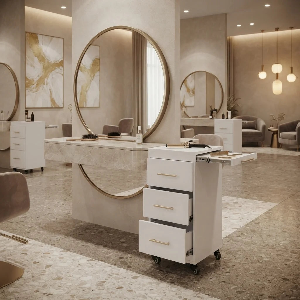 White Barber Styling Unit with Tool Tray