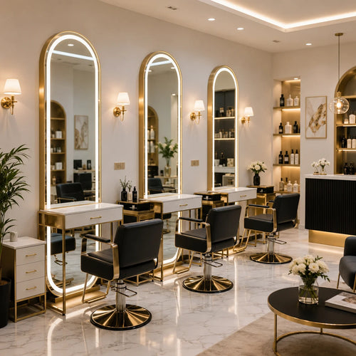 Full-Length Gold Salon Arched LED Barber Mirror Station