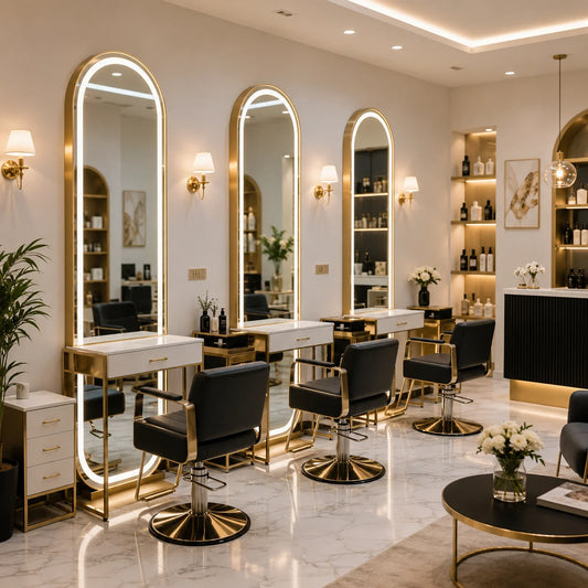 Full-Length Gold Salon Arched LED Barber Mirror Station