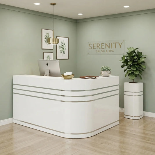 White Salon Reception Desk with Silver Inlay
