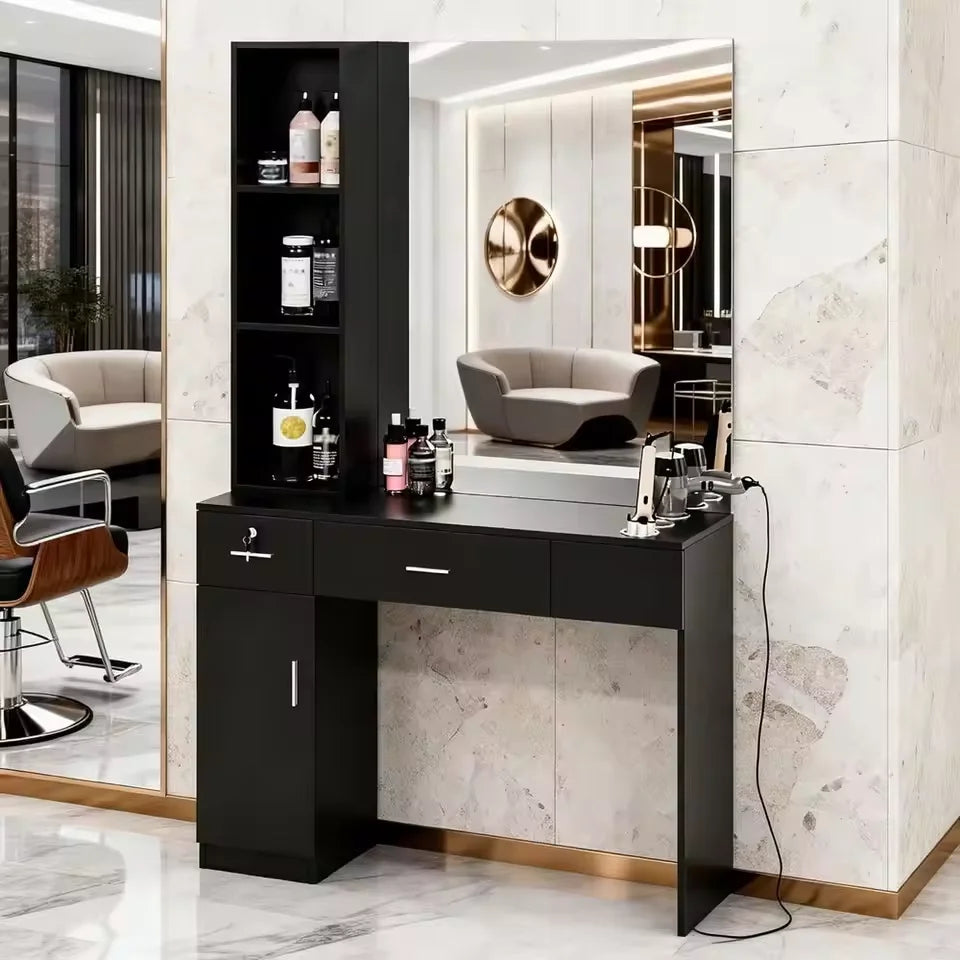 Black Barber Styling Station with Mirror and Storage