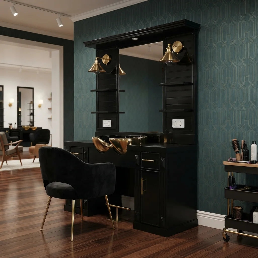 Black Theme Salon Mirror Station with Built-In Basin, Lamp and Storage