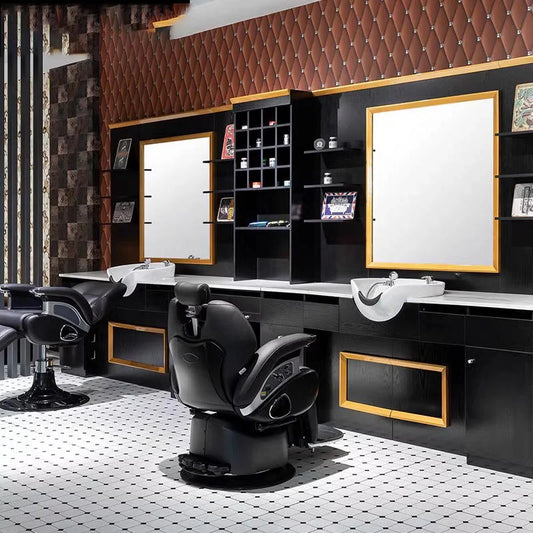 High-End Black Theme Barber Workstation with Mirror, Shelves and Cabinets