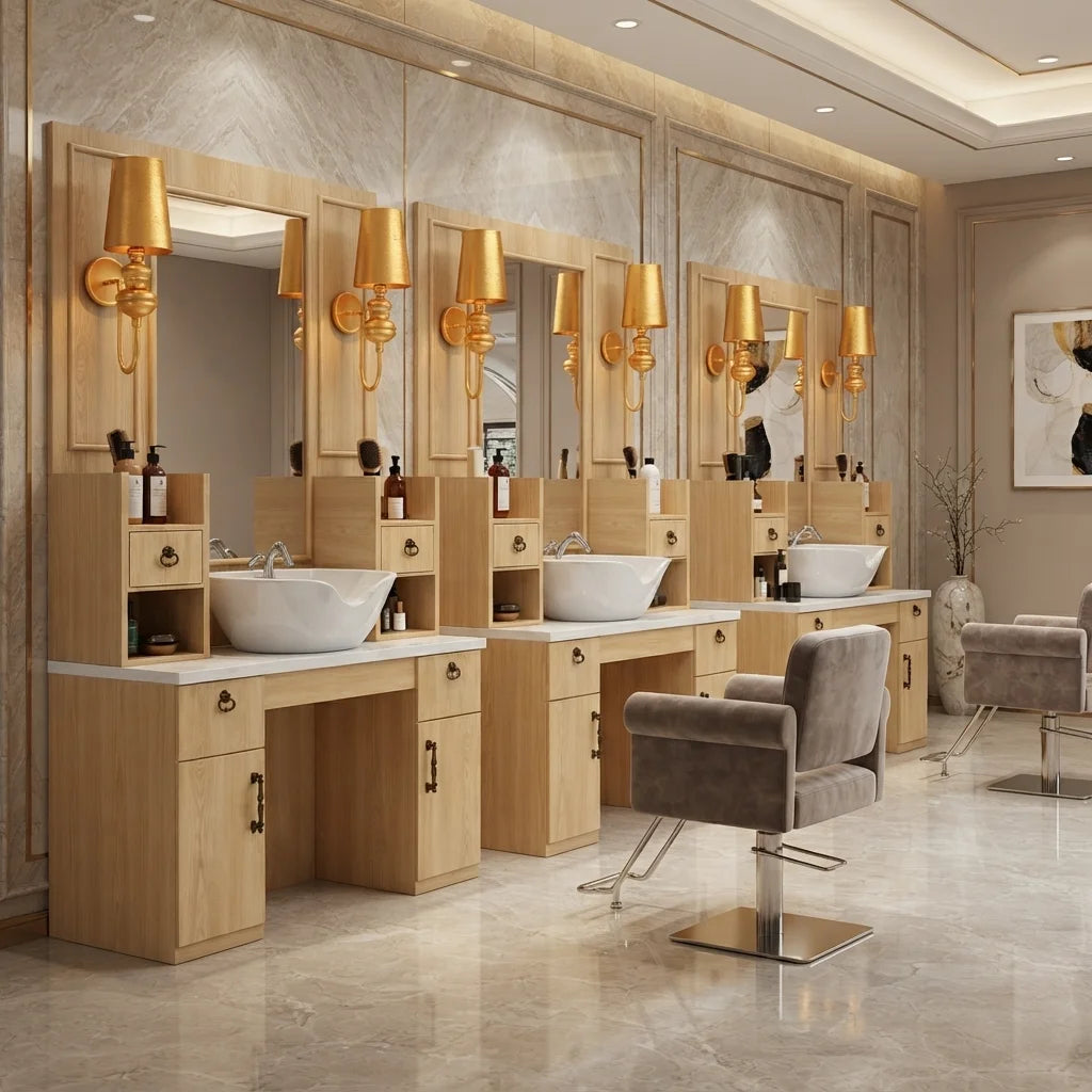 Wooden Art Barber Mirror Station with Storage Cabinets, Lamps & Basin
