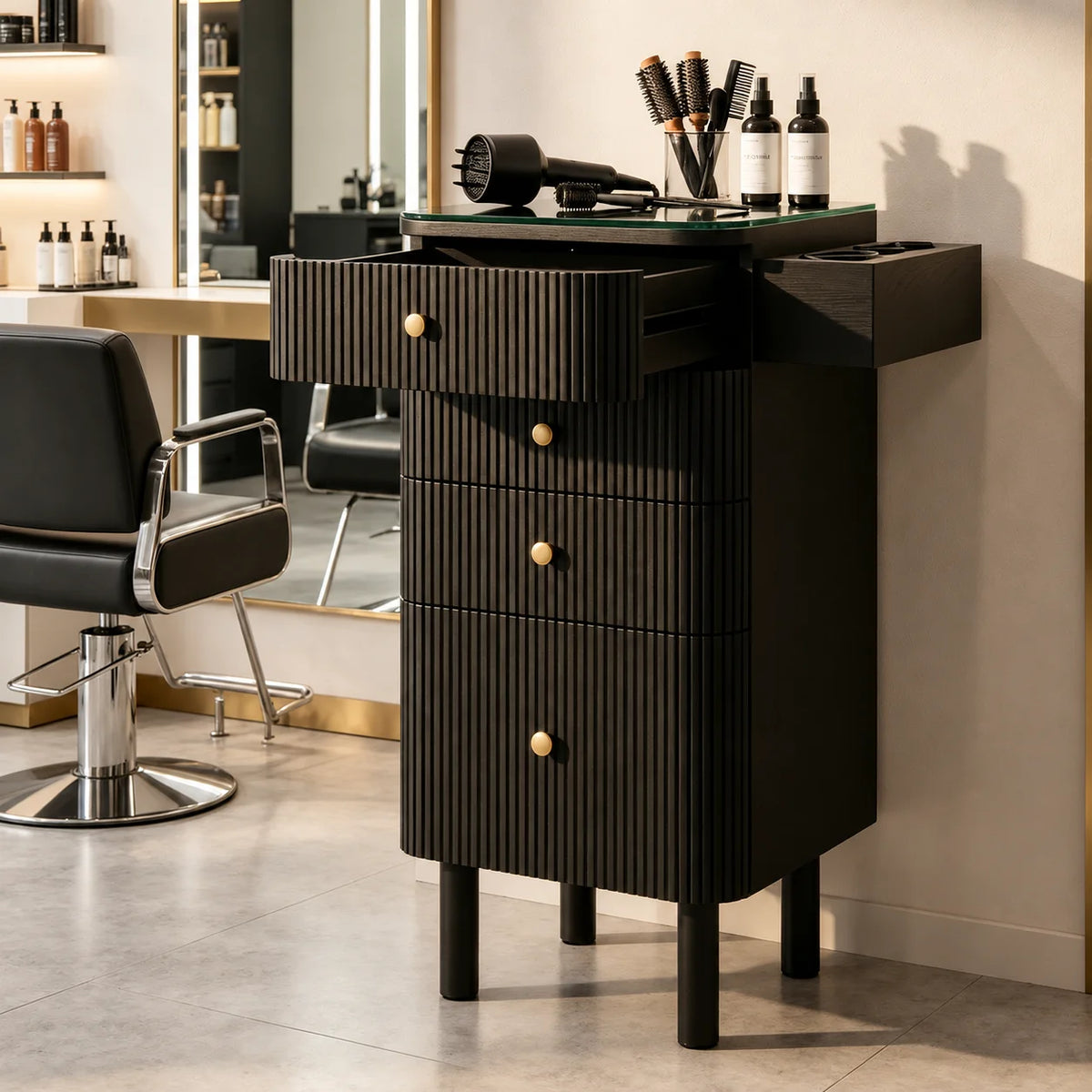 Salon Styling Cabinet with Glass Top & Tool Holders