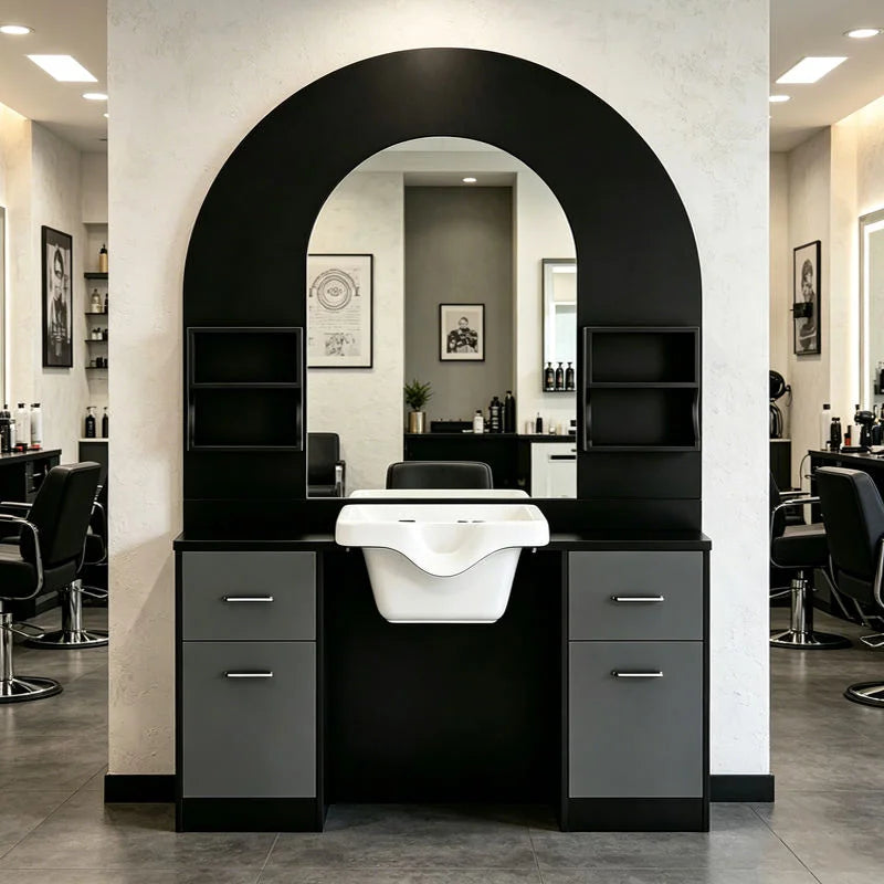 Arched Salon Shampoo Cabinet with Mirror and Basin
