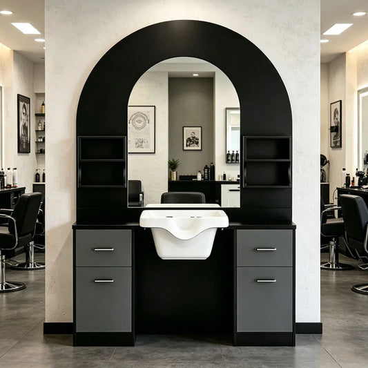 Arched Salon Shampoo Cabinet with Mirror and Basin