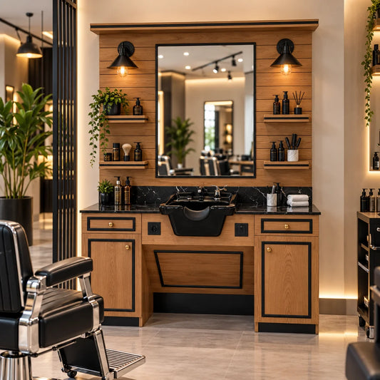 Wooden Barber Shampoo Cabinet with Mirror, Lamp and Basin