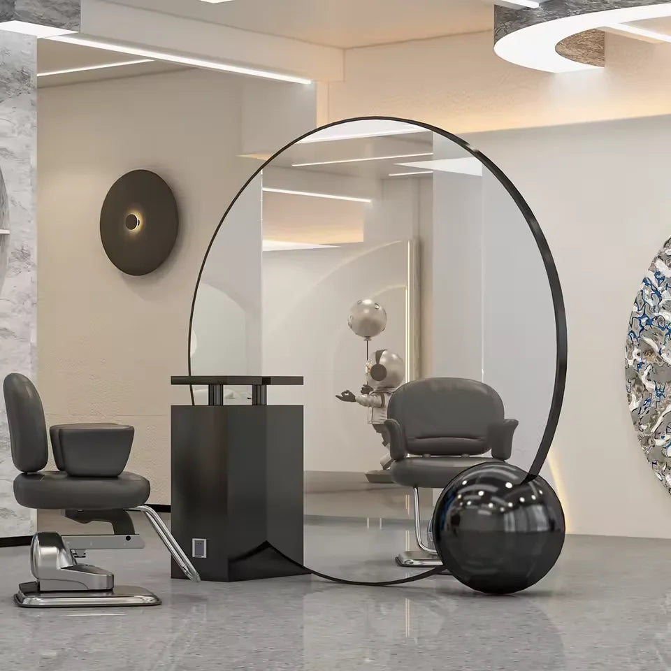 Freestanding Round LED Salon Mirror with Side Table