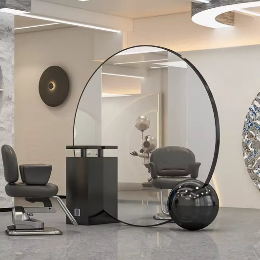 Freestanding Round LED Salon Mirror with Side Table