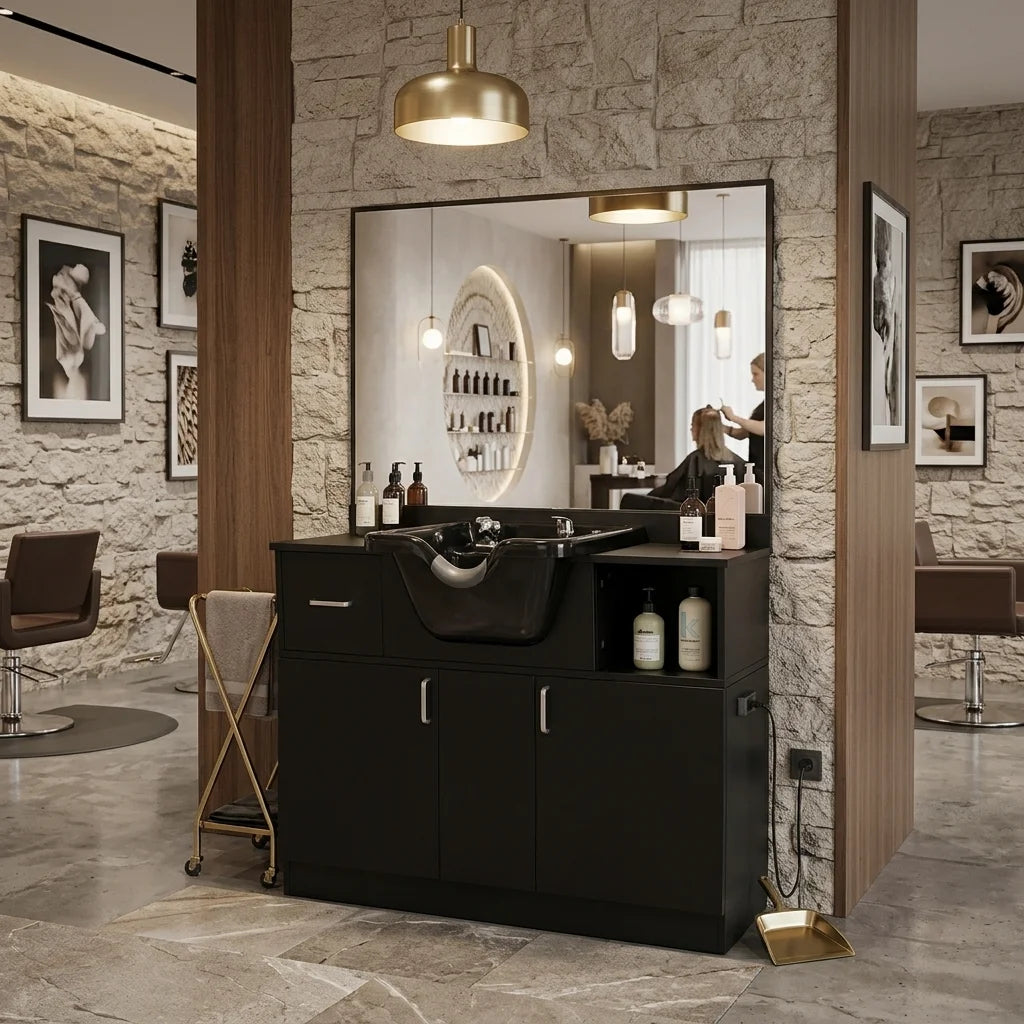 Black Salon Shampoo Cabinet with Mirror and Wash Basin