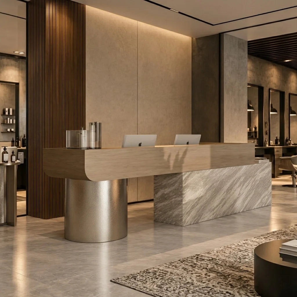 Reception Desk with Wood-Grain Front and Block Base
