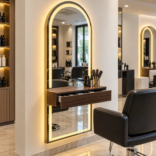 Arched LED Salon Styling Station with Floating Drawer