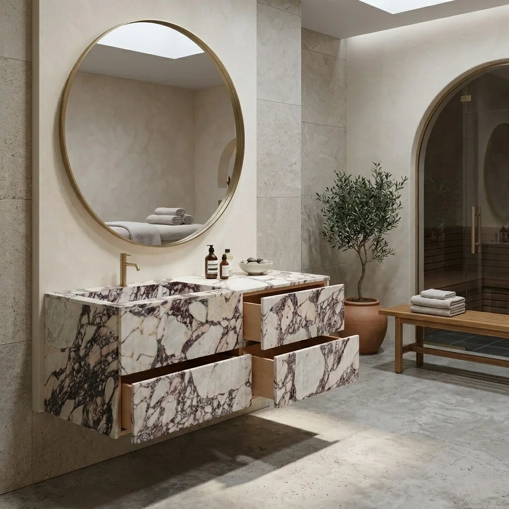 Floating Spa Vanity Cabinet with Marble-Look Finish