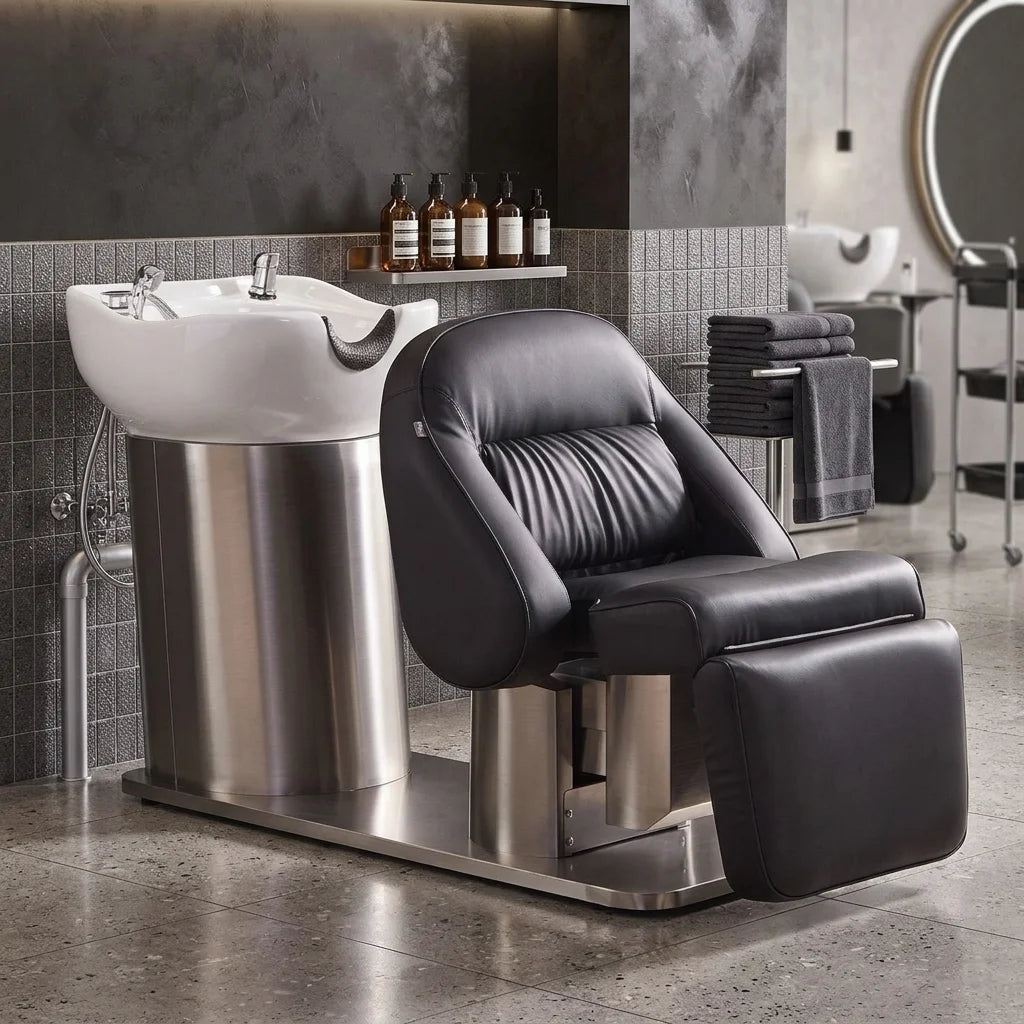 Black Upholstery Salon Shampoo Chair with Stool