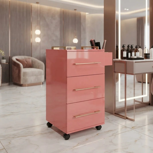 Pink Rolling Salon Storage Cabinet with Gold Bar Handles