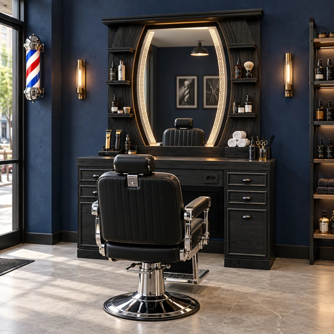 Classic Black Wood Barber Styling Station with LED Mirror