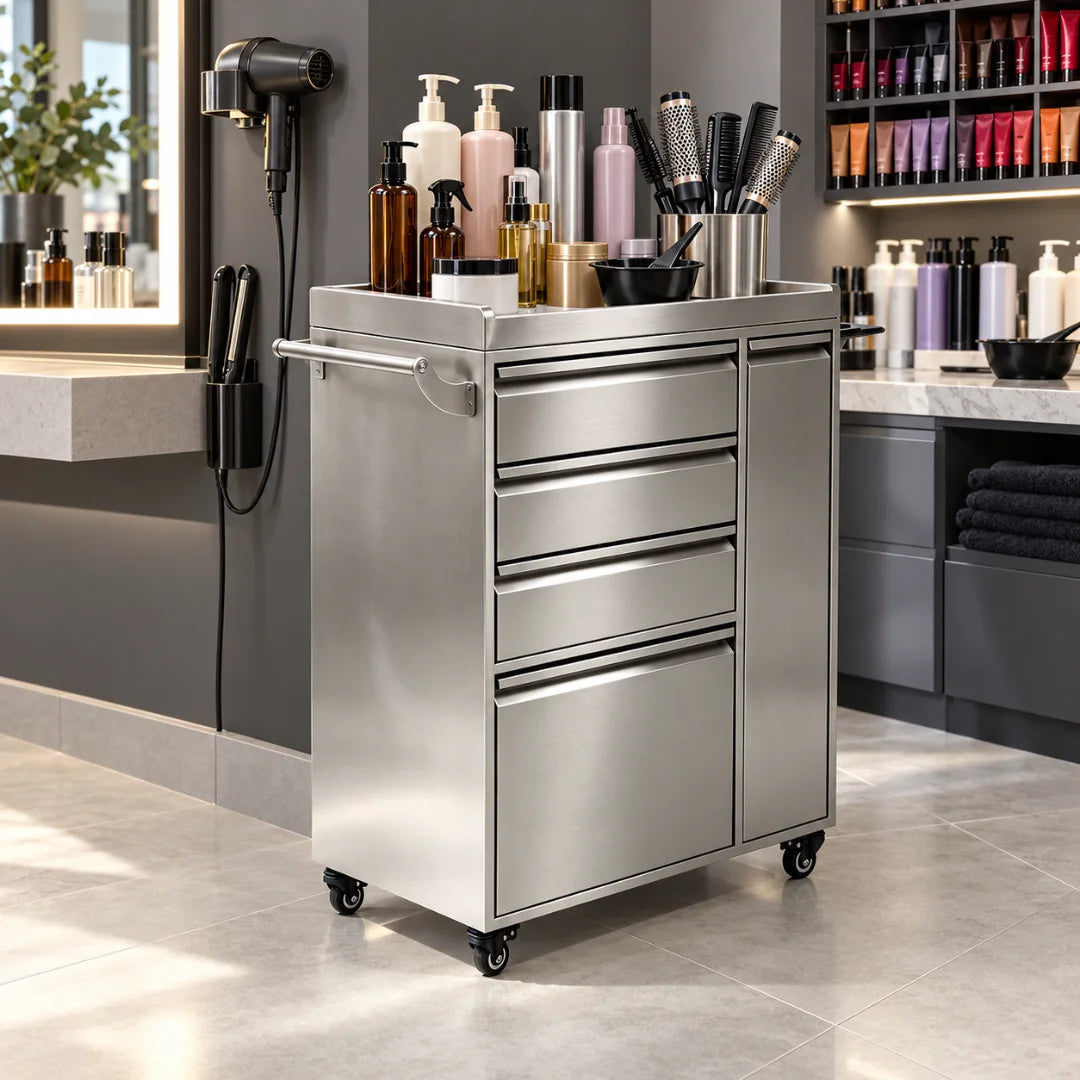 Brushed Silver Salon Trolley with Drawers and Storage Cabinet