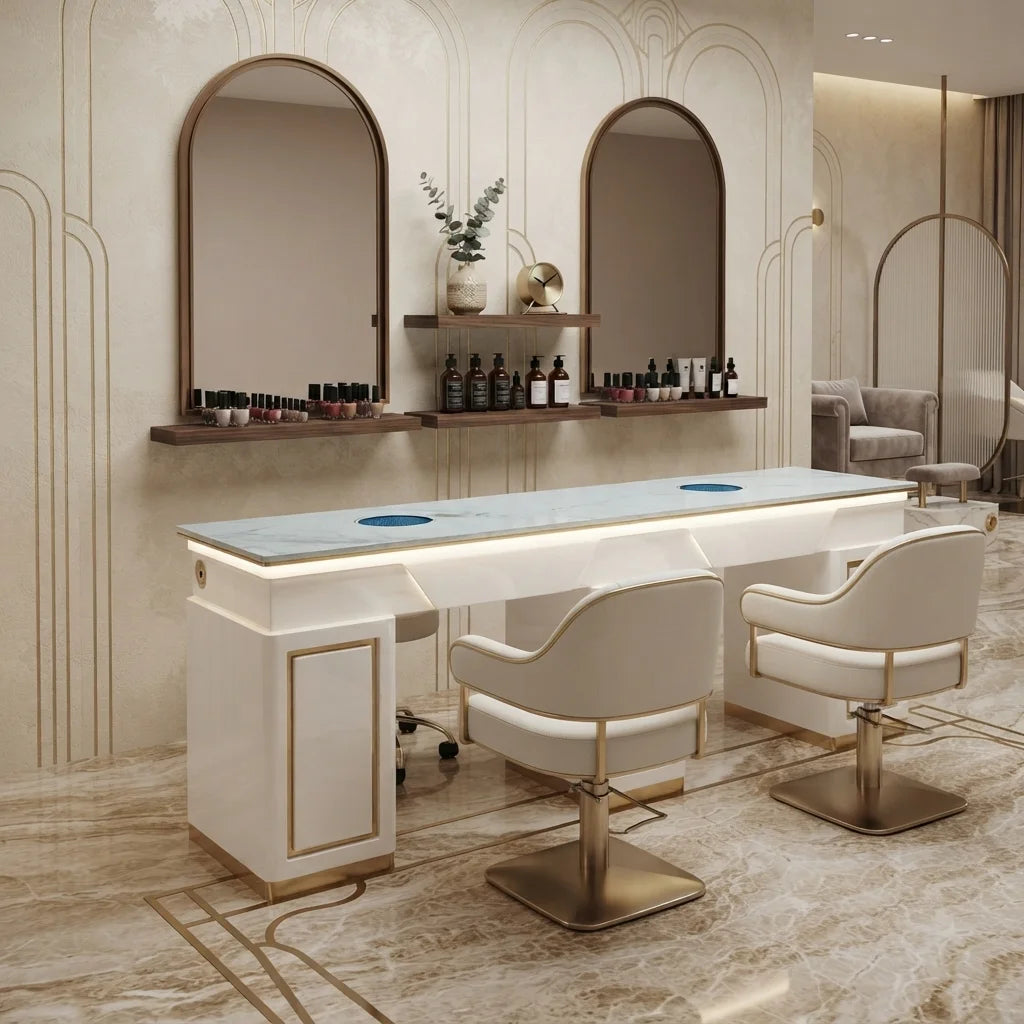 Luxury White Manicure Table with Gold Accents & Lighting