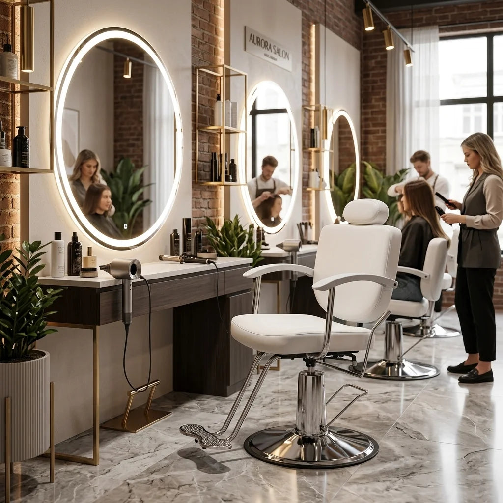 White Salon Styling Chair with Chrome Base