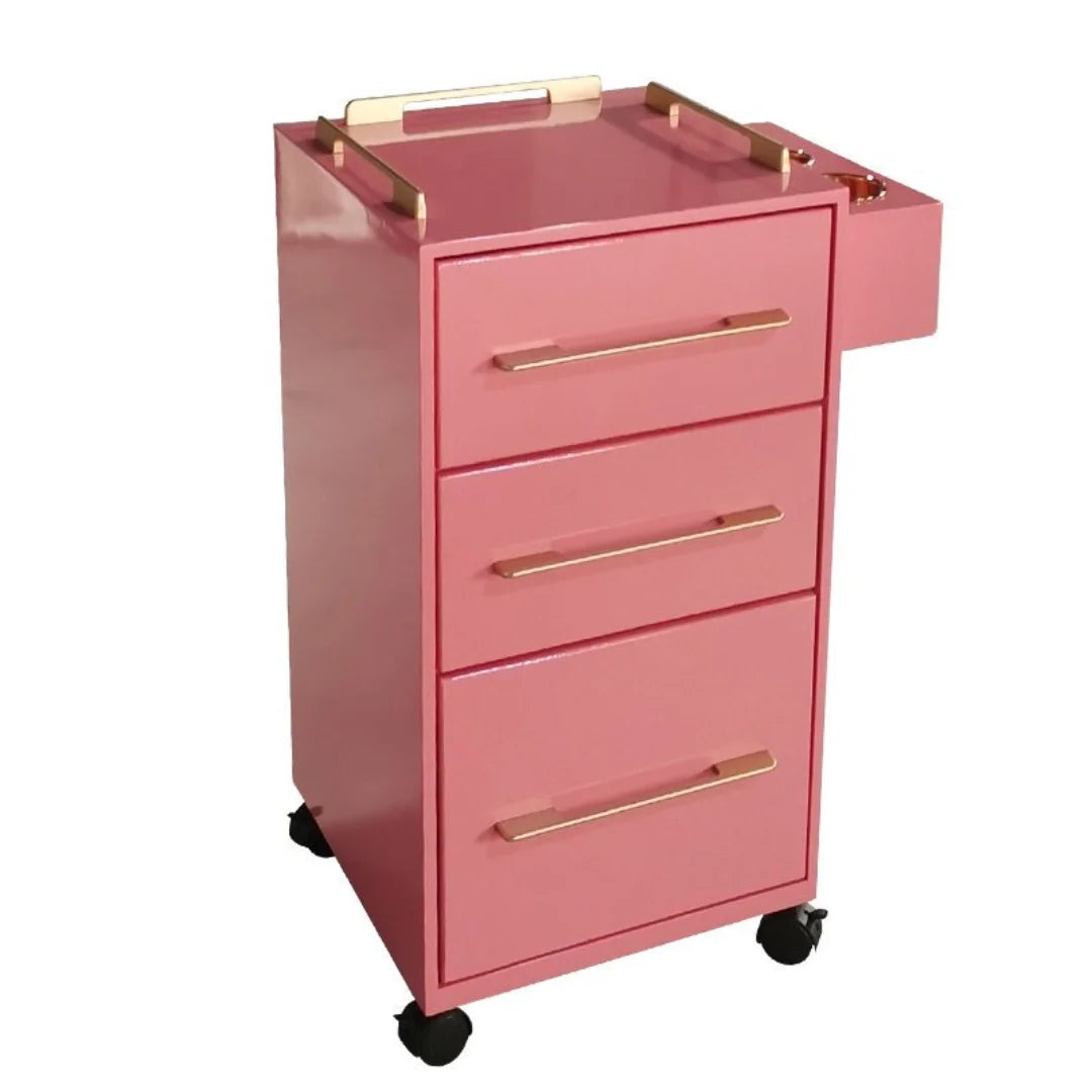 Pink Rolling Salon Storage Cabinet with Gold Bar Handles