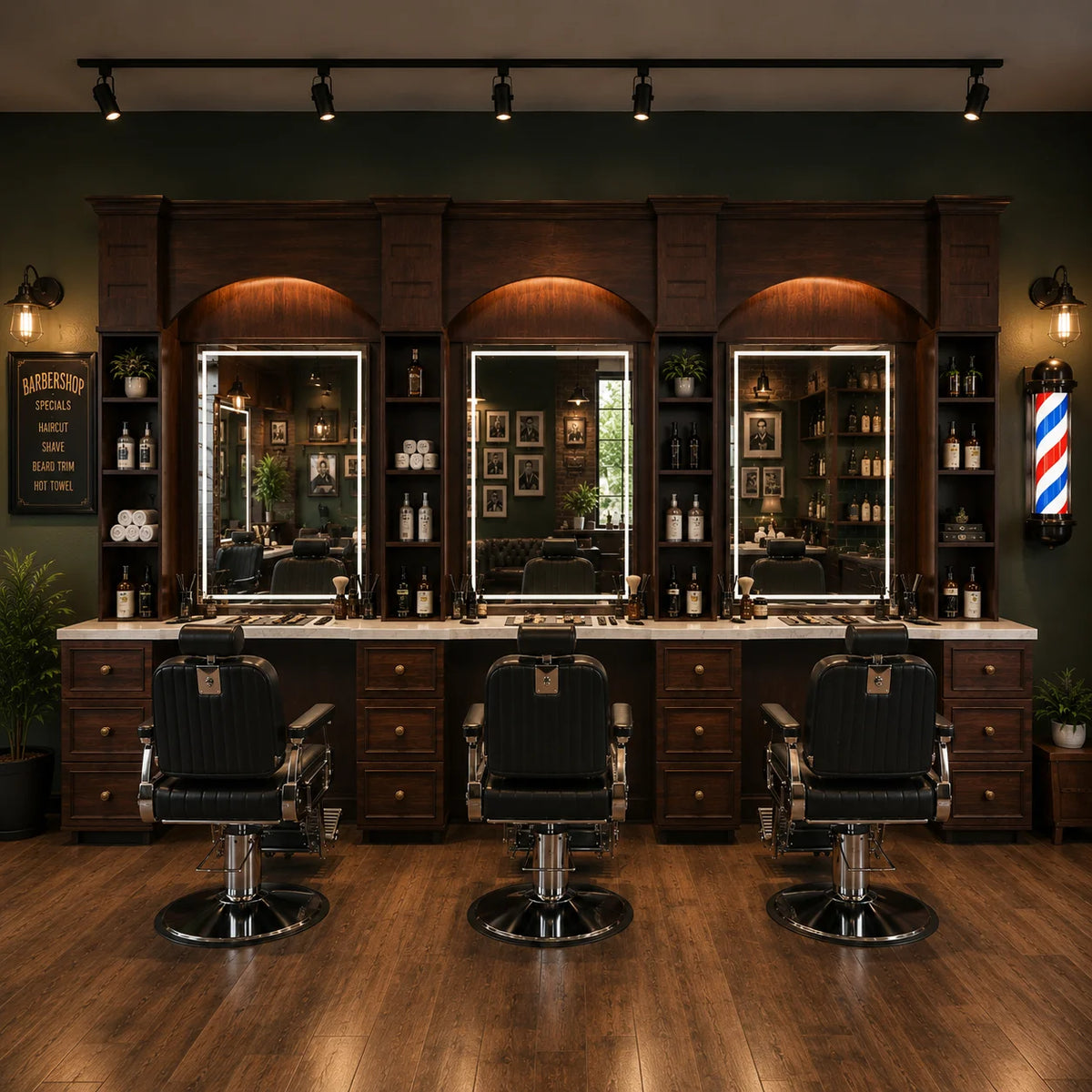 High-End Wooden Barber Workstation with Integrated Storage