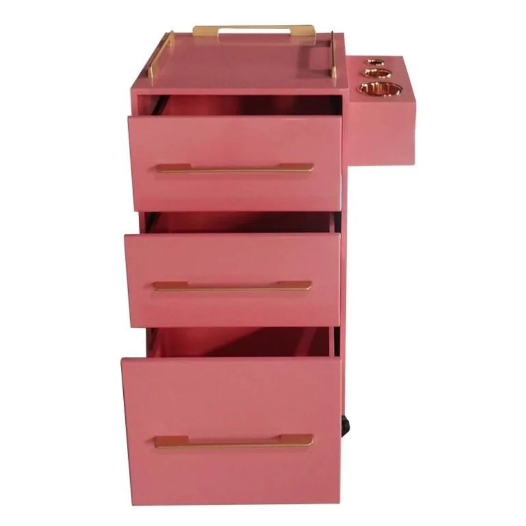 Pink Rolling Salon Storage Cabinet with Gold Bar Handles