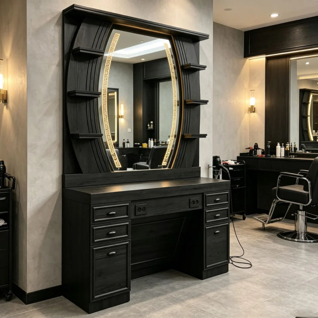 Classic Black Wood Barber Styling Station with LED Mirror